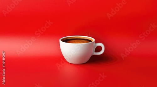 Minimal coffee idea. A white coffee cup filled with dark coffee on a vibrant red background.