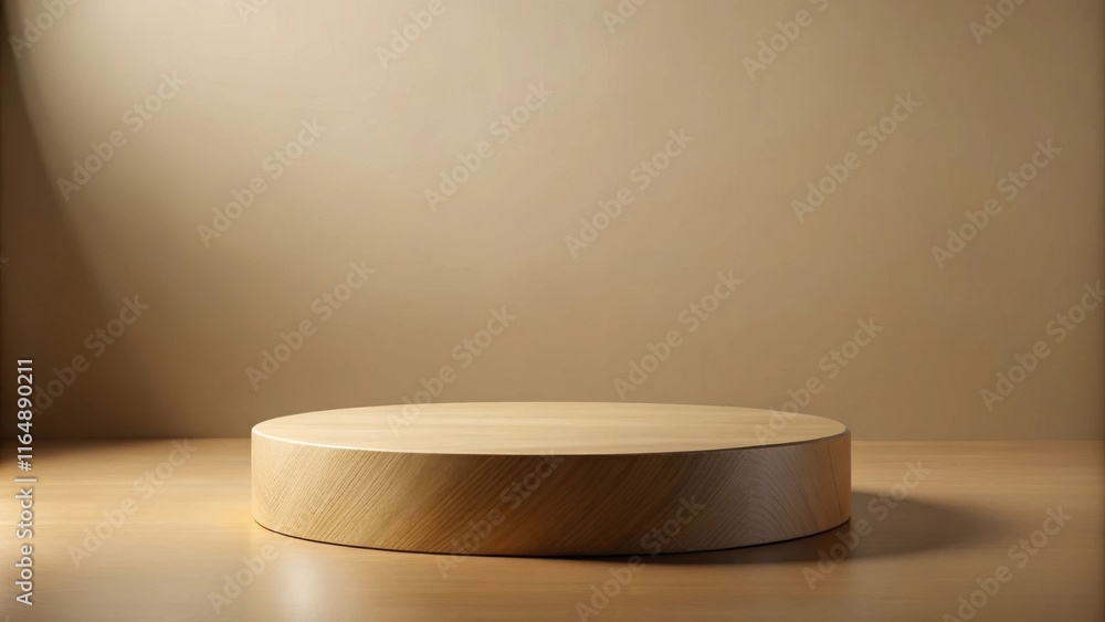 Simple Wooden Round Display Platform on a Table Against a Neutral Background Simple Wooden Round Display Platform on a Table Against a Neutral Background