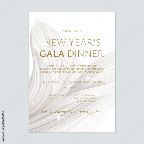 New Year eve gala invitation template features a sophisticated and elegant design with a flowing, white abstract background that adds a touch of sophistication