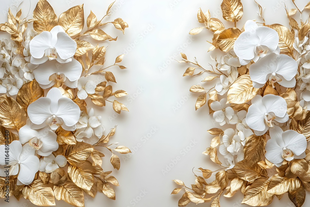 Elegant White Orchids and Gold Leaves Background Elegant White Orchids and Gold Leaves Background