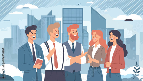 several office employees were standing around chatting cheerfully 