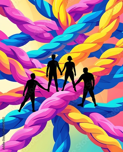 Interconnected humanity concept with vibrant braided ropes symbolizing unity, diversity, teamwork, and collaboration as silhouetted figures hold hands in harmony against a radiant background of togeth photo