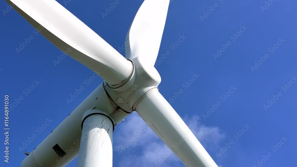 Close-up view of a white wind turbine against a clear blue sky, symbolizing renewable energy, sustainable power generation, and environmental conservation in the modern energy industry Close-up view of a white wind turbine against a clear blue sky, symbolizing renewable energy, sustainable power generation, and environmental conservation in the modern energy industry