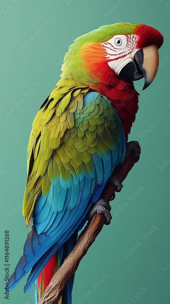 Obraz premium Majestic Military Macaw Perched on Branch Against Teal Background