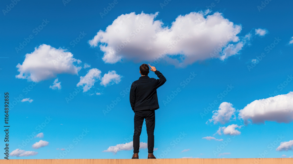 person standing against bright blue sky, observing clouds with curiosity person standing against bright blue sky, observing clouds with curiosity