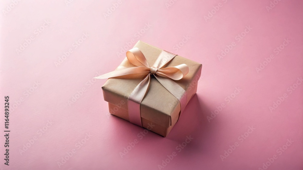 A small square gift box with a pale pink ribbon, sitting on a pink background A small square gift box with a pale pink ribbon, sitting on a pink background