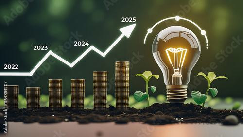 Growing money, finance and investment. Coins stack the growth comparative year to year with a green success graph in 2025. business growth, profit, development investment growth