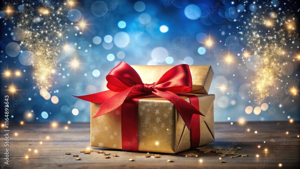 A Gold Gift Box with a Red Bow on a Wooden Table Surrounded by Festive Lights and Sparkling Dust A Gold Gift Box with a Red Bow on a Wooden Table Surrounded by Festive Lights and Sparkling Dust