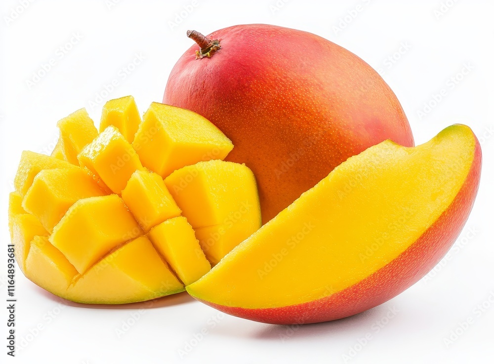 Ripe mango fruit, whole and diced, isolated on white background. Ripe mango fruit, whole and diced, isolated on white background.