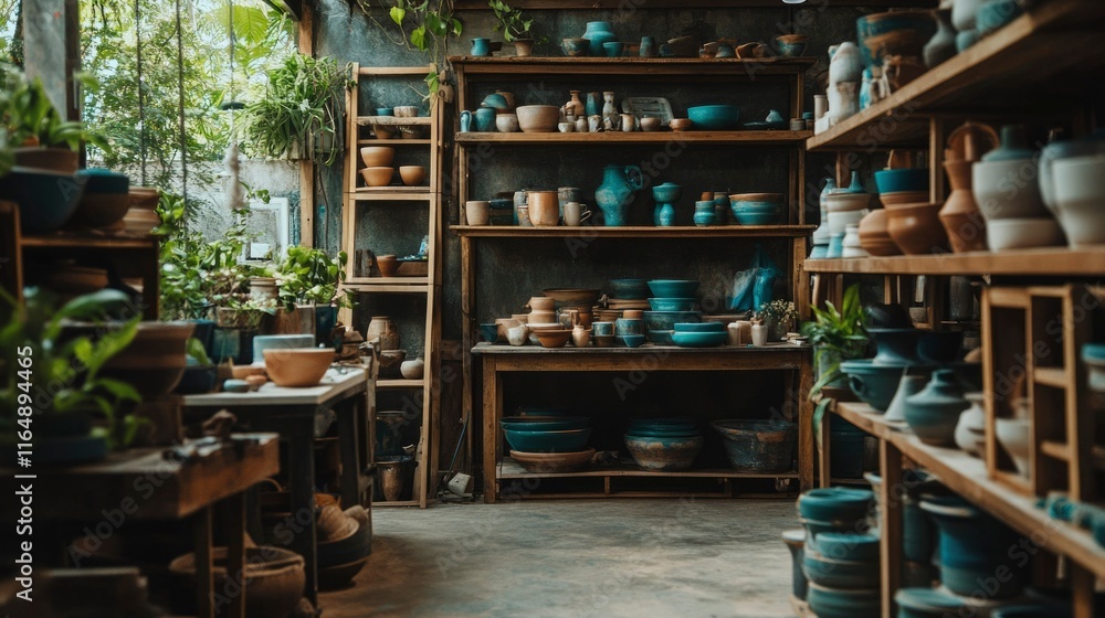 Earthenware pottery collection adorns rustic wooden shelves Earthenware pottery collection adorns rustic wooden shelves