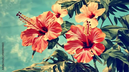 Wallpaper Mural Bright hibiscus flowers bloom against a vibrant blue background in a tropical garden setting during daylight Torontodigital.ca