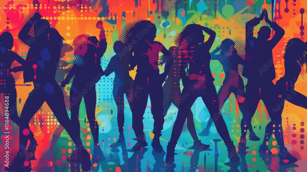 Vibrant silhouettes of dancers against a colorful abstract background. Vibrant silhouettes of dancers against a colorful abstract background.