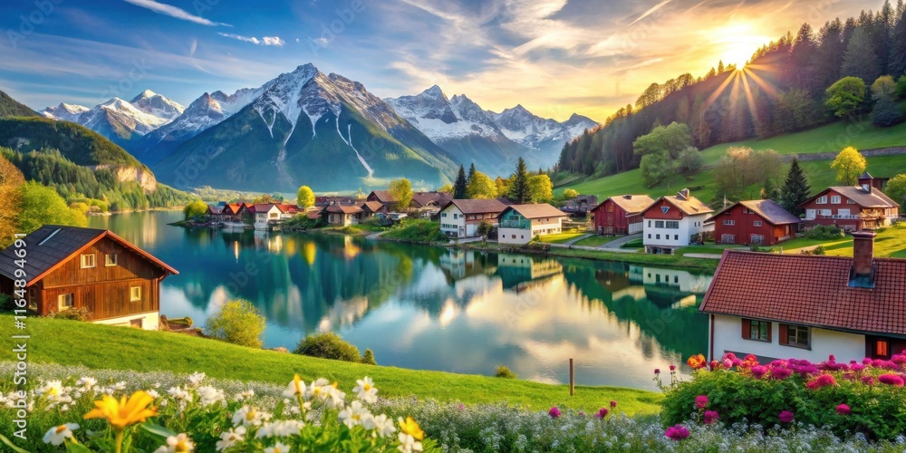 Naklejka premium Serene Lakeside Village at Sunrise with Majestic Mountain Backdrop