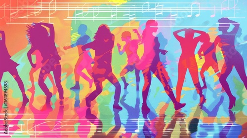 Vibrant silhouettes dancing against a colorful musical backdrop.