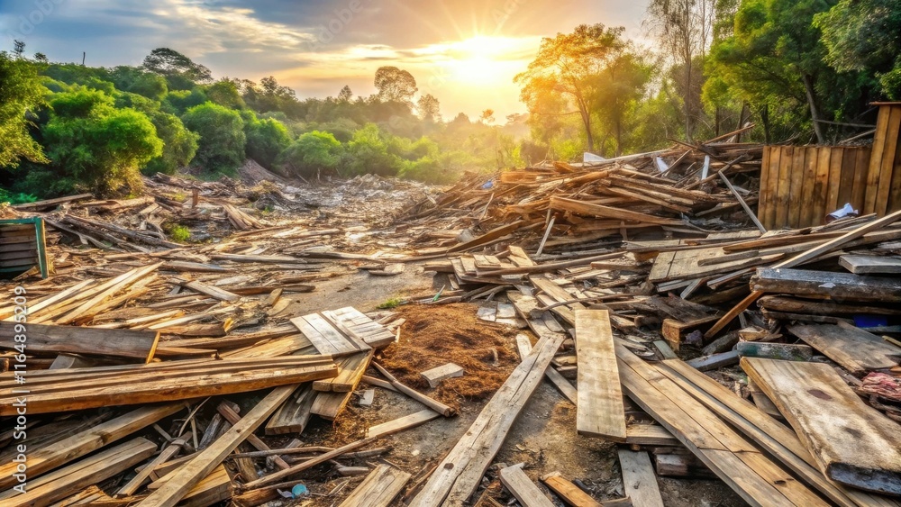 Sunset over a debris field of scattered wooden planks and remnants of a demolished structure Sunset over a debris field of scattered wooden planks and remnants of a demolished structure