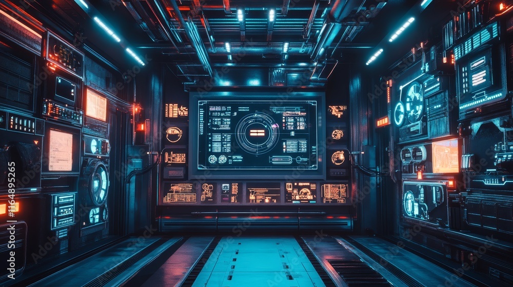 Sci-fi industrial control room with floating holographic panels and intricate machinery Sci-fi industrial control room with floating holographic panels and intricate machinery
