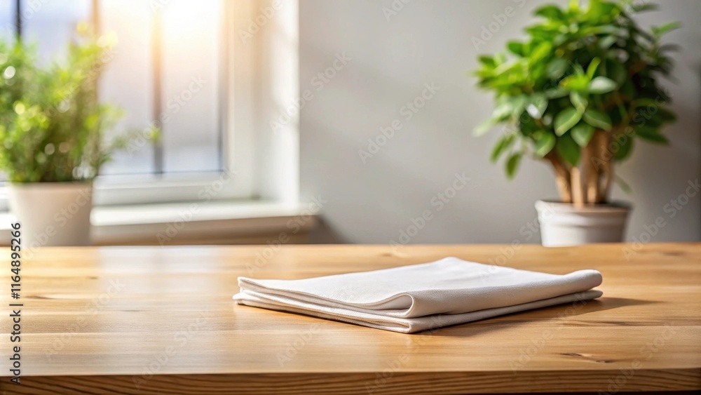 Clean white linen napkin folded on a light wooden table near sunlit window with potted plants Clean white linen napkin folded on a light wooden table near sunlit window with potted plants