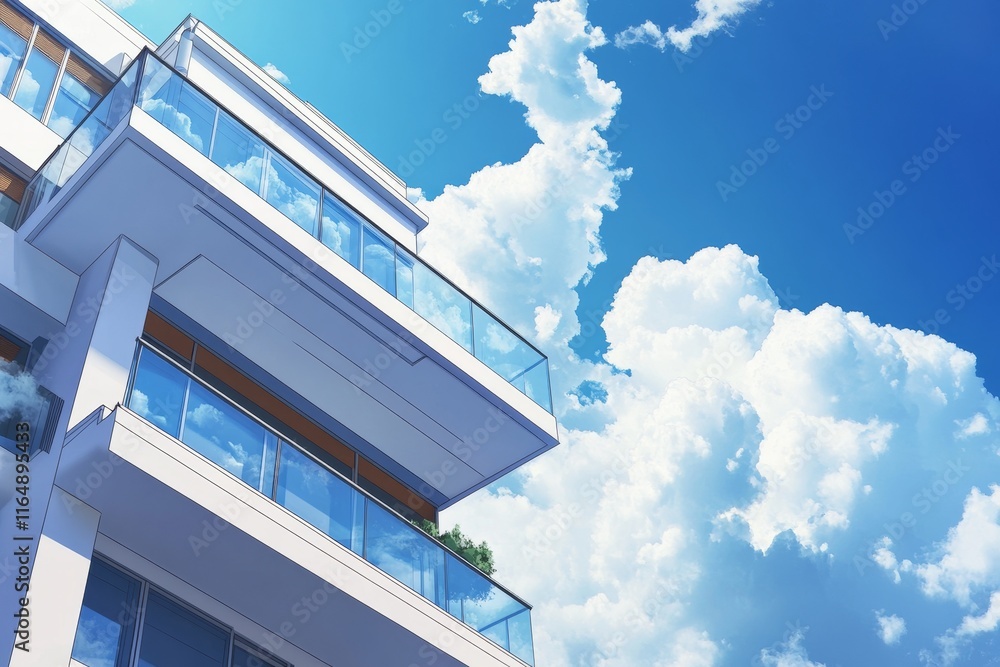 Modern apartment building with balconies against a bright blue sky and fluffy clouds.