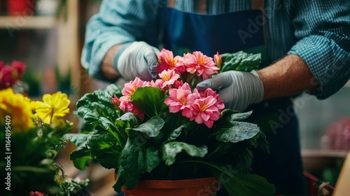 Gardener Carefully Arranging Pink Flowers In Pot photo