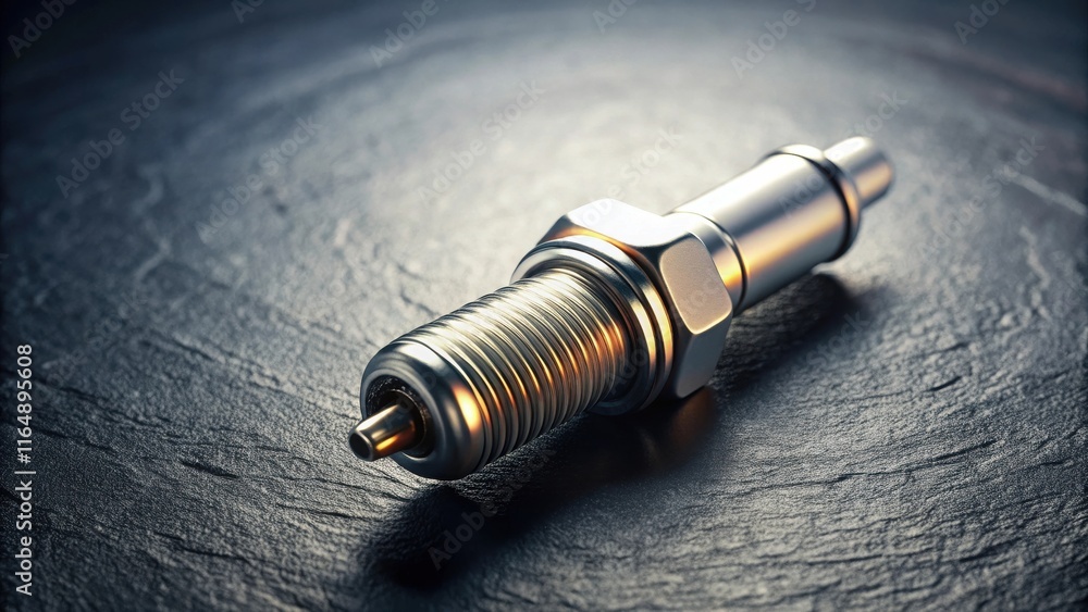 Close-up view of a metallic spark plug on a dark textured surface Close-up view of a metallic spark plug on a dark textured surface