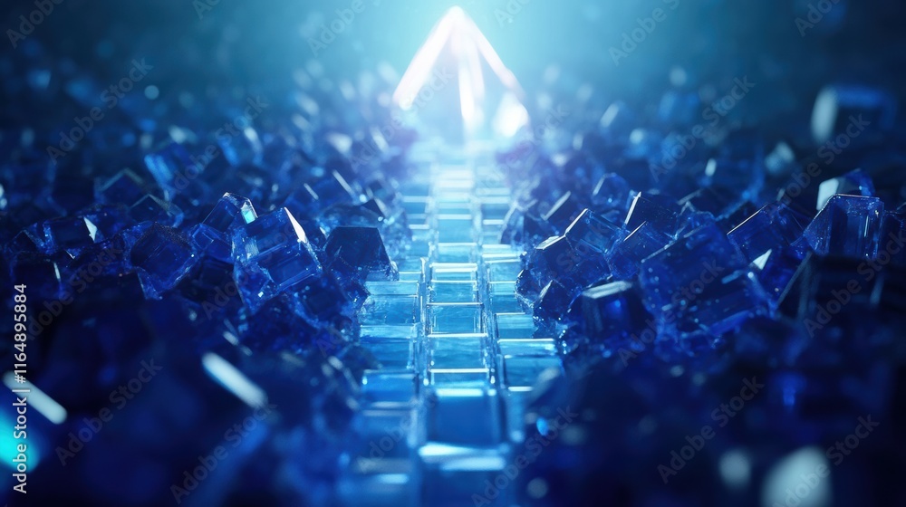 Obraz premium Futuristic blue crystal landscape with glowing pyramid, digital art highlights innovation, technology, and abstract design, enhancing visual allure.