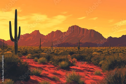 Sunset over Sonoran Desert landscape with saguaro cacti and mountains. photo