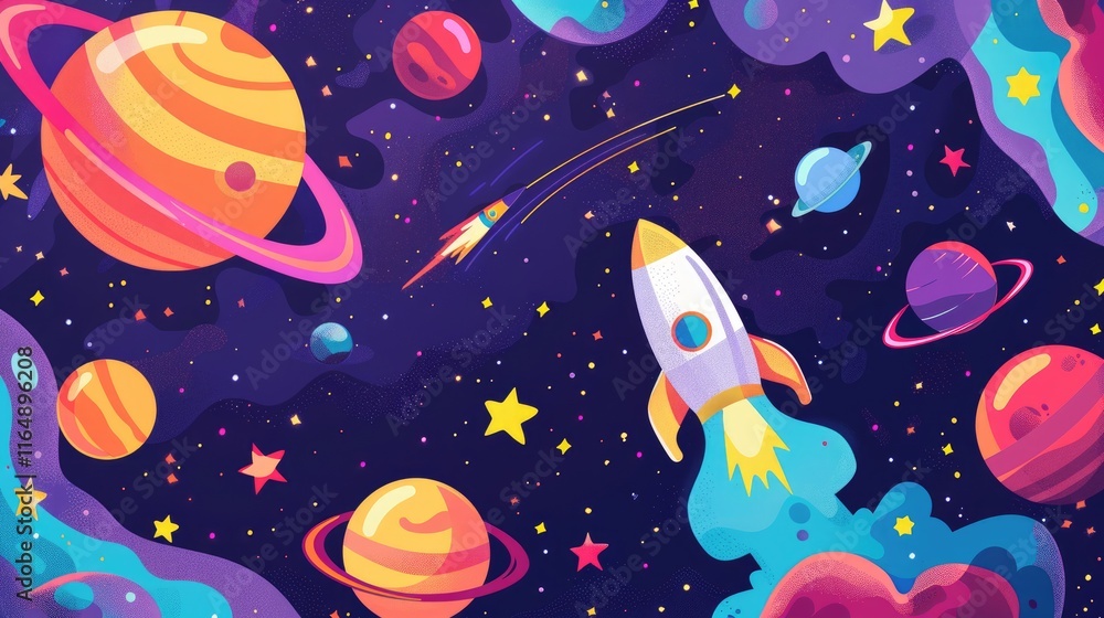 Colorful space scene featuring a rocket traveling among planets and stars. Colorful space scene featuring a rocket traveling among planets and stars.
