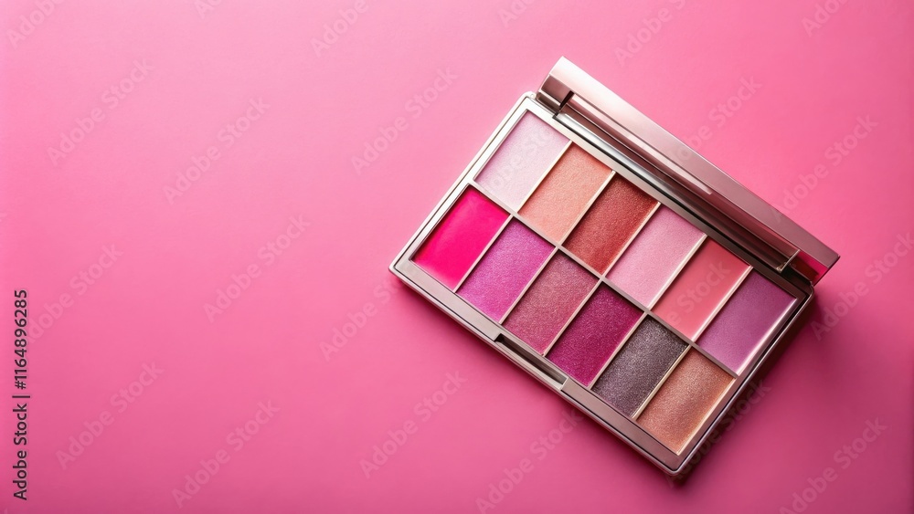 A ten-shade eyeshadow and blush palette featuring shimmering pink and purple tones rests on a vibrant pink background A ten-shade eyeshadow and blush palette featuring shimmering pink and purple tones rests on a vibrant pink background