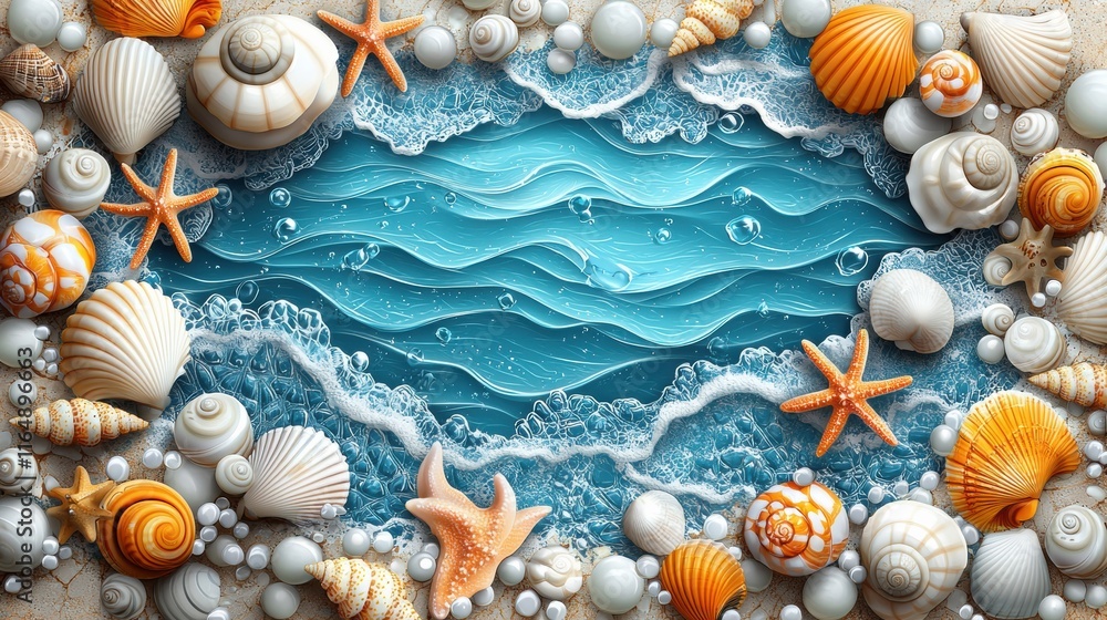 Serene Ocean Scene with Shells and Waves in Tranquil Blue Waters Serene Ocean Scene with Shells and Waves in Tranquil Blue Waters