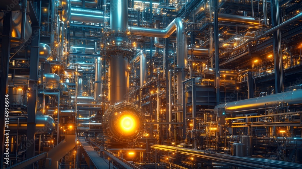 Fototapeta premium Futuristic industrial facility with glowing energy cores and advanced robotic machinery, surrounded by dense metallic structures