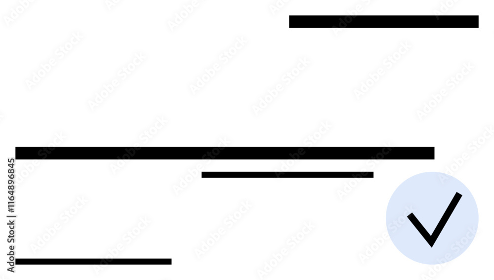 Checkmark inside blue circle paired with horizontal lines of varying length. Ideal for task management, approval, minimalism, confirmation, productivity, organization, abstract line flat metaphor Checkmark inside blue circle paired with horizontal lines of varying length. Ideal for task management, approval, minimalism, confirmation, productivity, organization, abstract line flat metaphor
