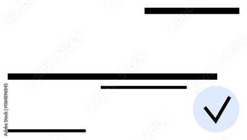 Checkmark inside blue circle paired with horizontal lines of varying length. Ideal for task management, approval, minimalism, confirmation, productivity, organization, abstract line flat metaphor