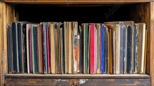 Old books arranged neatly on a wooden shelf photo