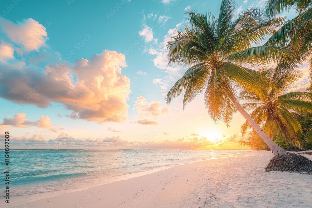 Fototapeta premium Idyllic tropical sunset beach scene with palm trees, clear water, and soft sand.