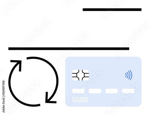 Arrow cycle next to contactless credit card chip emphasizes payment renewal and subscription idea. Ideal for finance, transactions, digital payments, banking, automation, budgeting, abstract line