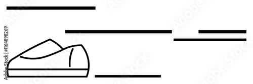 Simple outlined running shoe paired with horizontal speed lines representing motion and swiftness. Ideal for fitness, sports, performance, speed, minimalism, branding, abstract line flat metaphor
