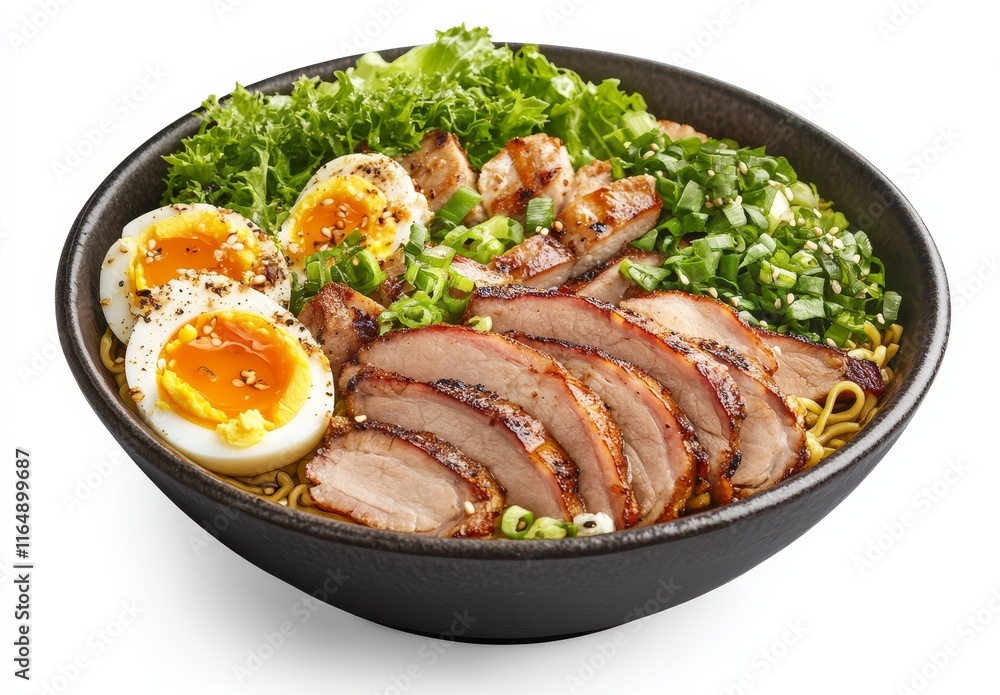 Delicious grilled chicken ramen bowl with soft boiled eggs, noodles, and greens. Delicious grilled chicken ramen bowl with soft boiled eggs, noodles, and greens.