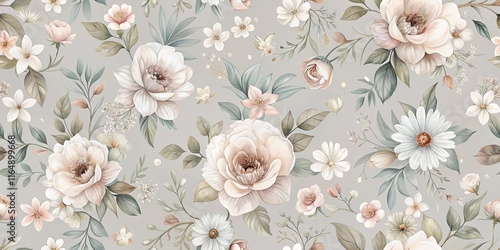 Elegant Botanical Print Featuring Delicate Pastel Blooms and Lush Greenery, Ideal for Fabric, Wallpaper, or Home Decor Projects