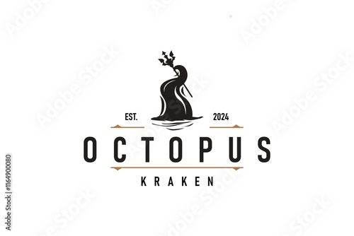 Octopus Logo Old Retro Vintage Design Ocean Animal Vector Tentacle Illustration Template