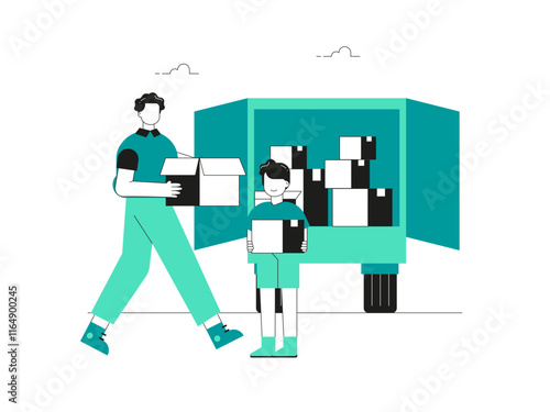 Immigrants loading goods into box cars. Migration illustration. Flat vector illustration