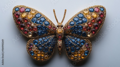 A decorative butterfly brooch embellished with colorful gemstones.