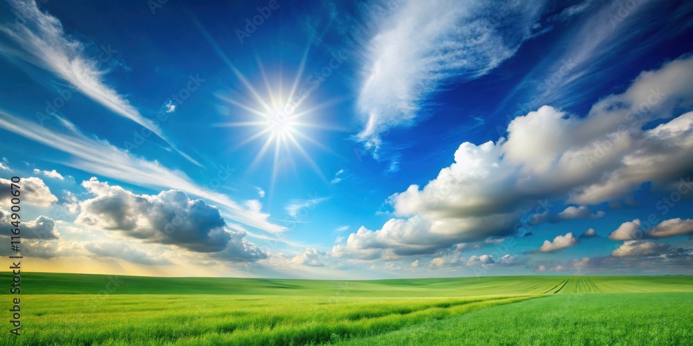 Serene landscape of a sunlit verdant field under a vibrant blue sky with fluffy clouds Serene landscape of a sunlit verdant field under a vibrant blue sky with fluffy clouds