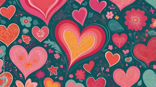 Seamless Pattern of Colorful Hearts with Floral Details on Dark Background. naive valentine background