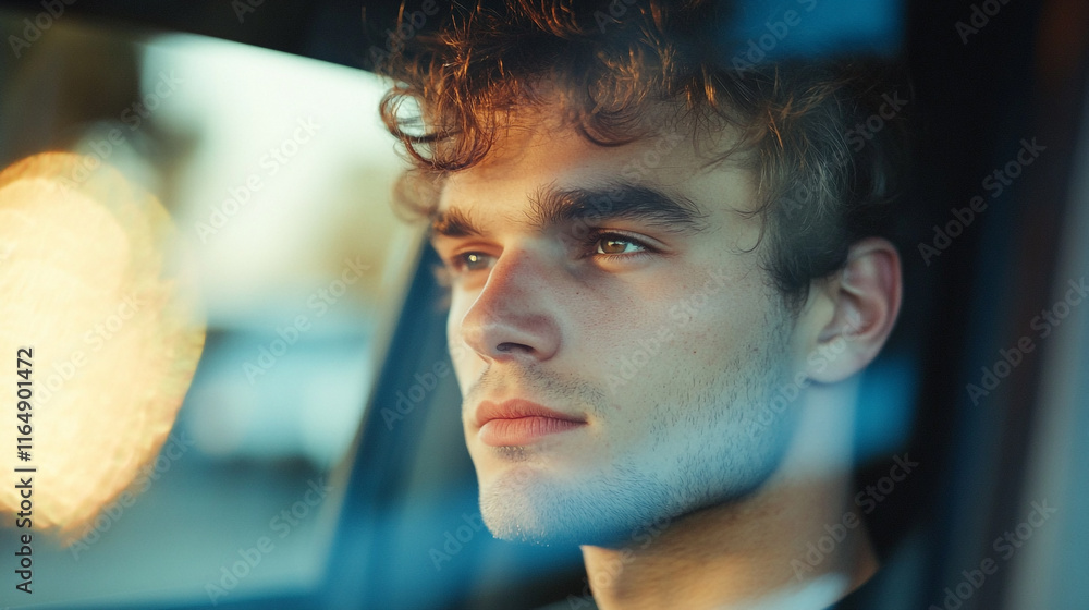Young man gazes contemplatively out of a car window on a sunny day Young man gazes contemplatively out of a car window on a sunny day