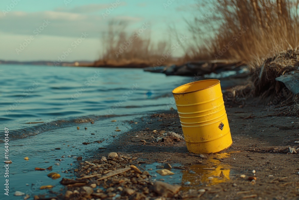 Vibrant Yellow Barrel by the Shoreline under Calm Blue Sky Capturing Environmental Impacts and Natural Beauty of Coastal Areas in Daylight Vibrant Yellow Barrel by the Shoreline under Calm Blue Sky Capturing Environmental Impacts and Natural Beauty of Coastal Areas in Daylight