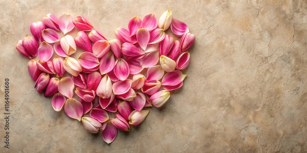 Fototapeta premium Pink flower petals arranged in a heart shape on a textured surface