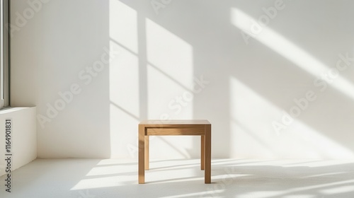 Minimalist Interior Design: Wooden Table in Sunlit Room, Modern Home Decor, Light and Shadow, Simple Elegance