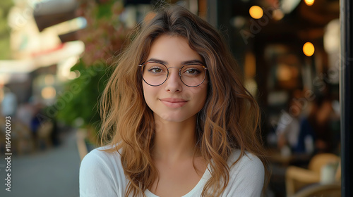 Portrait of smiling young woman wearing stylish eyeglasses in urban setting