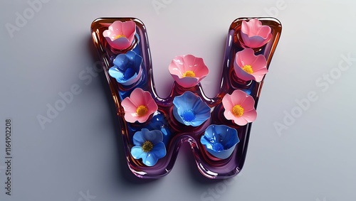 3D floral letter W decorated with pink and blue flowers. photo