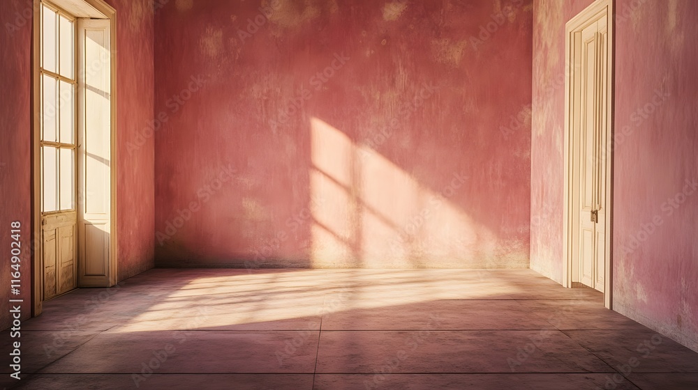 An empty room with a dusty rose-colored background, evoking softness and elegance for showcasing a product An empty room with a dusty rose-colored background, evoking softness and elegance for showcasing a product